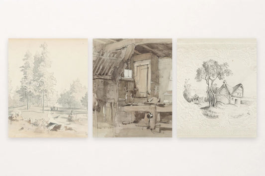 Park path with figures, attic workspace, and house in a decorative border.