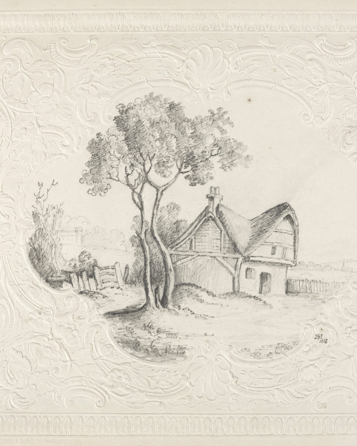 A house and tree inside an ornamental border.