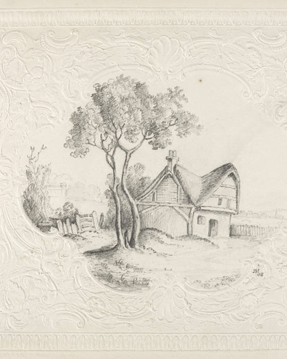 A house and tree inside an ornamental border.