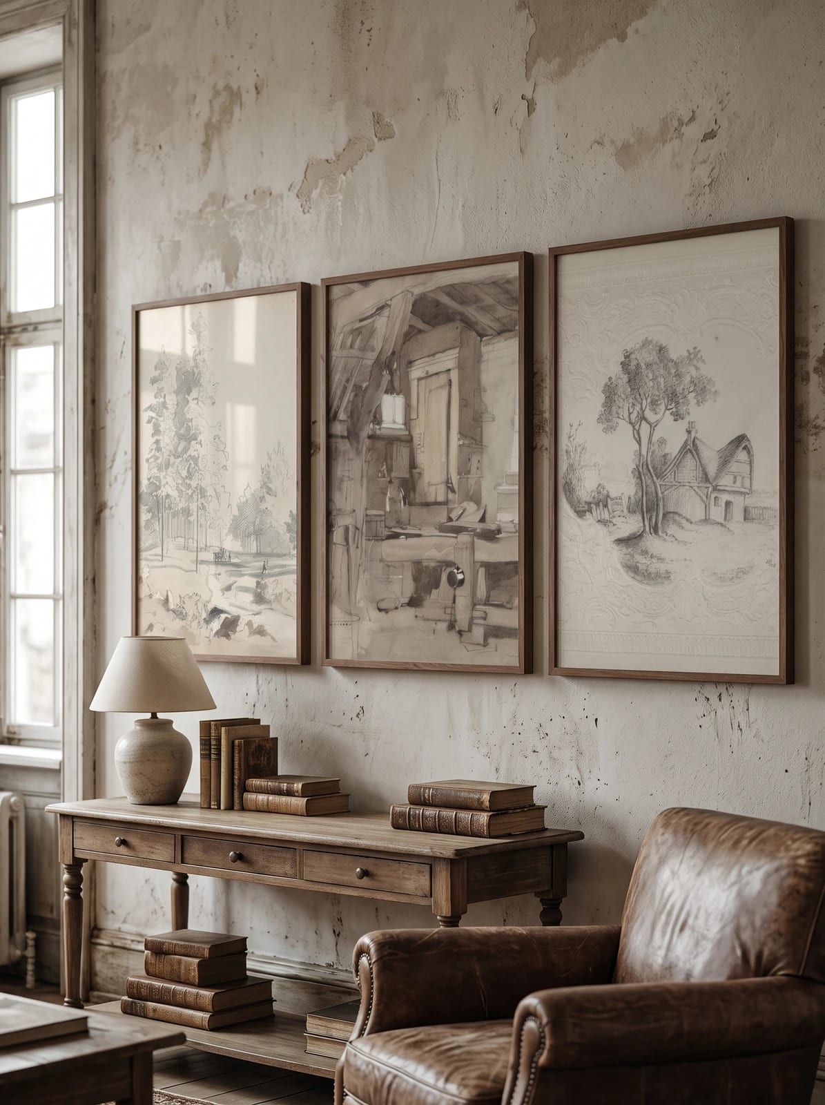Three light pencil sketches grouped above a narrow wood console.