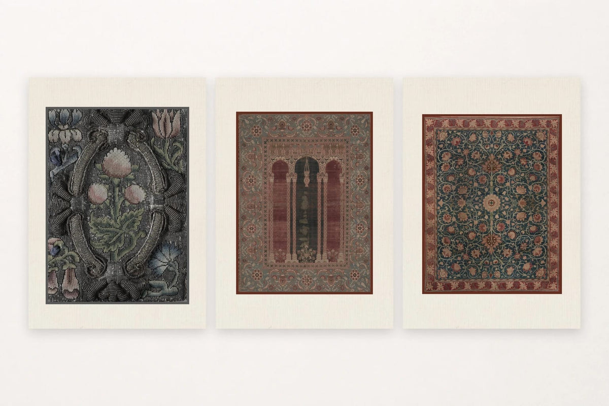 Layered ornamental patterns mix dark florals with red, green, and blue details.