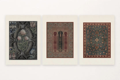 Layered ornamental patterns mix dark florals with red, green, and blue details.