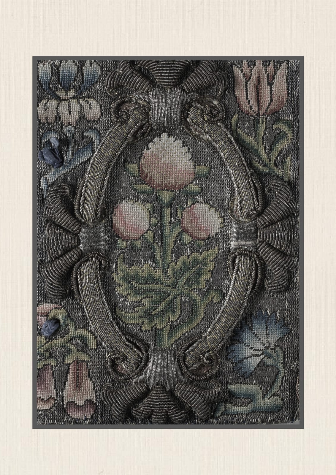 A dark carpet-inspired motif carries a floral pattern.