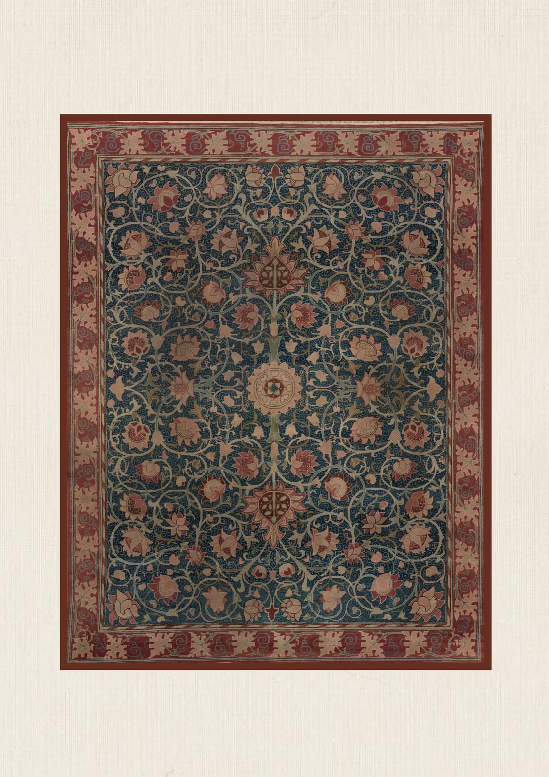 A small floral pattern mixes red and blue.