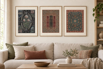 Three patterned prints hang above a linen sofa with olive and terracotta pillows.