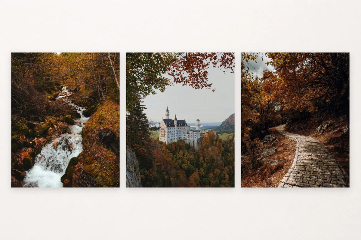 Waterfall in copper leaves, autumn castle, and winding forest path.