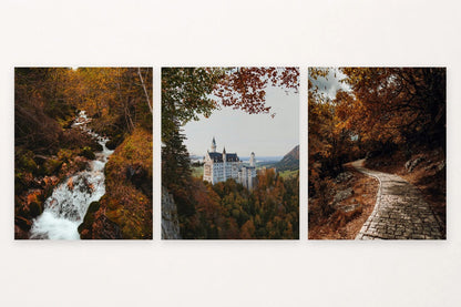 Waterfall in copper leaves, autumn castle, and winding forest path.