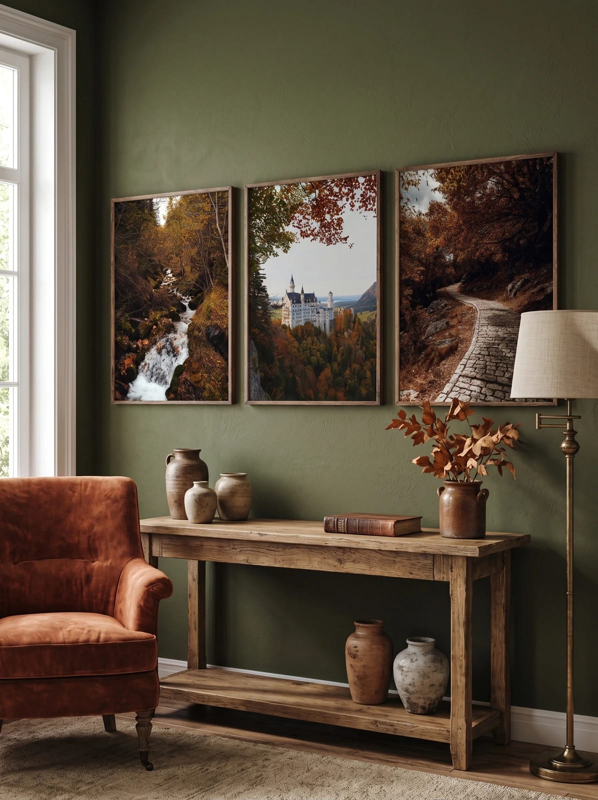 Autumn prints above a light wood console on an olive wall.