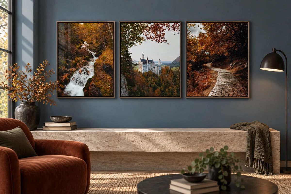 Three forest scenes arranged on a blue-gray wall.