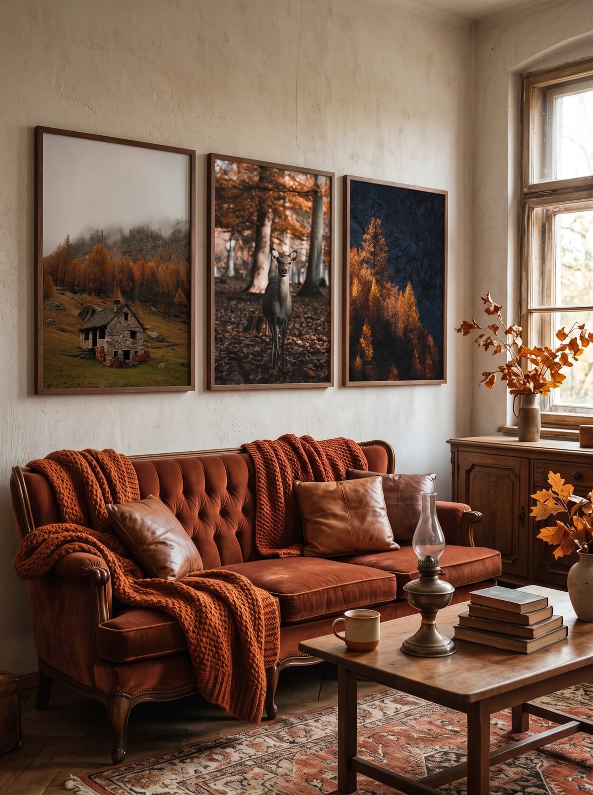 Three autumn landscapes above a rust-colored sofa.