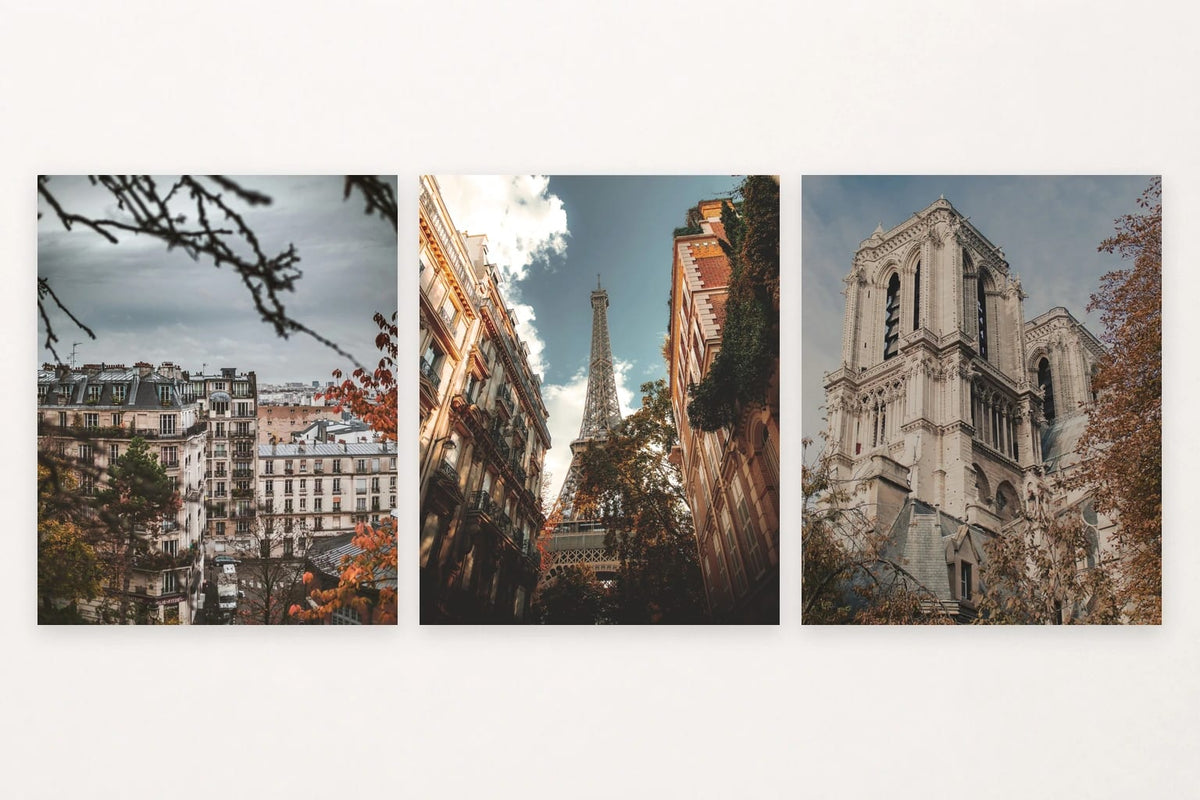 Autumn rooftops, Eiffel Tower between facades, and stone cathedral.