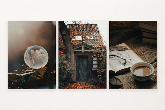 Three prints show ice crystals, a house in autumn leaves, and an open book beside glasses and a cup.