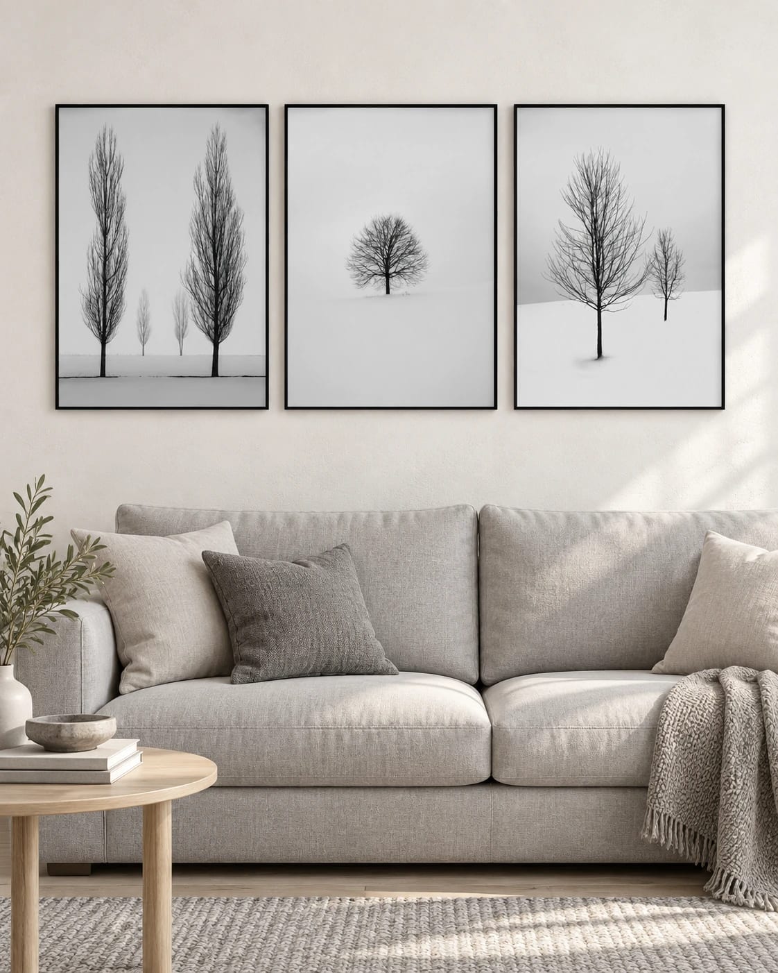 Three snowy tree prints arranged together in a room view; frames are not included.