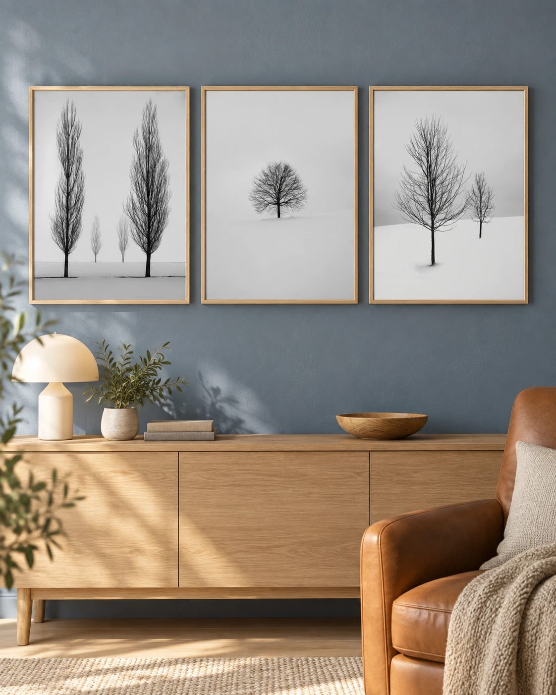The winter tree triptych shown as a group on a wall; frames are not included.