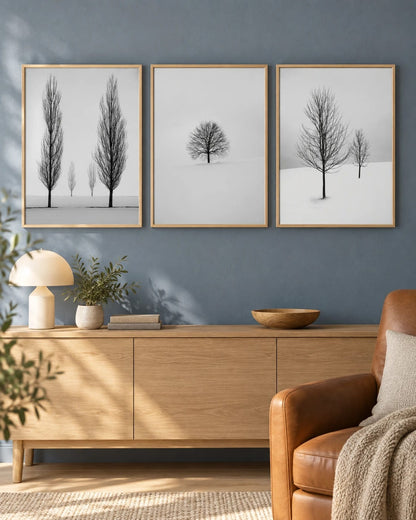 The winter tree triptych shown as a group on a wall; frames are not included.
