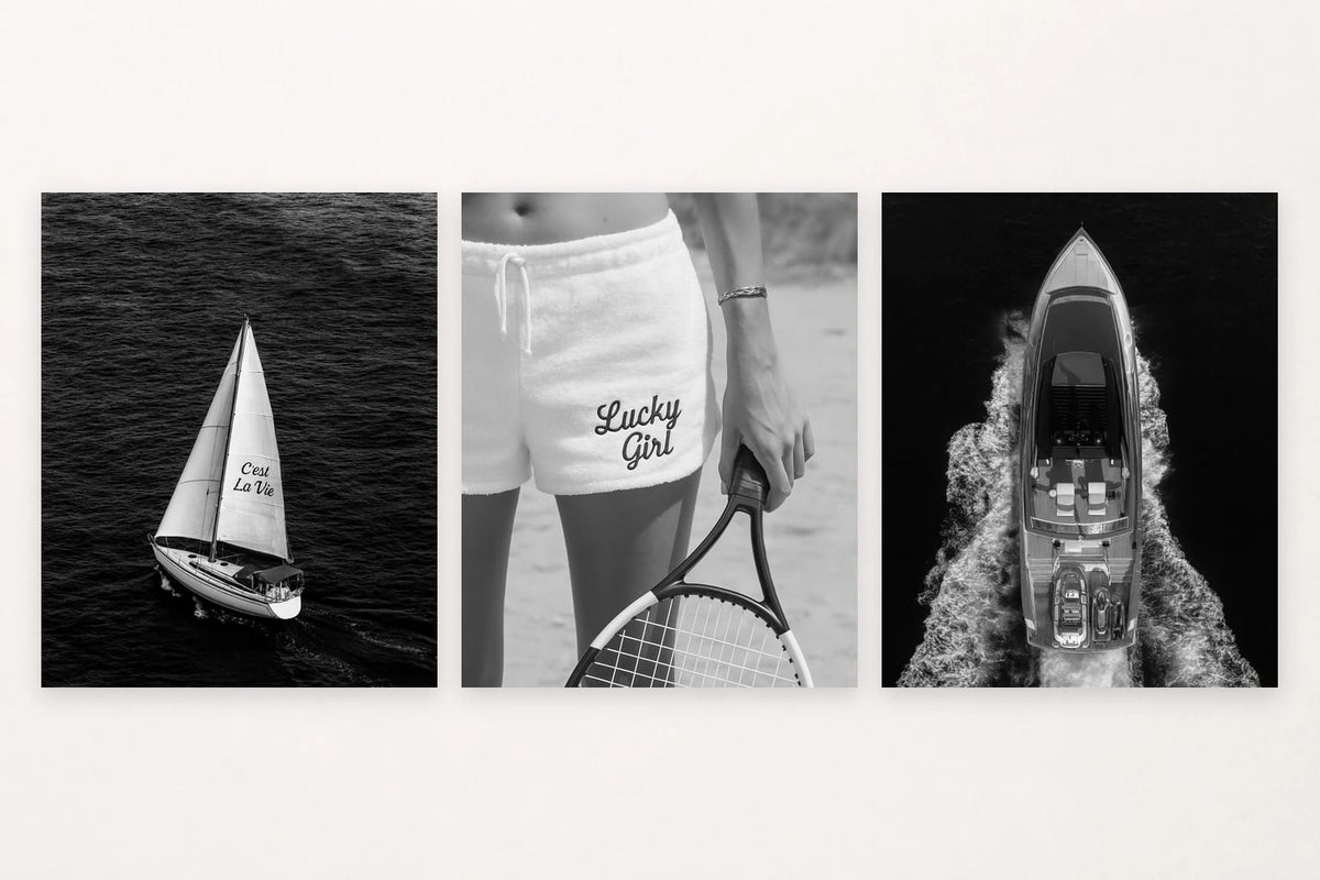 Three leisure prints show a sailboat, Lucky Girl shorts with a tennis racket, and a motorboat wake.