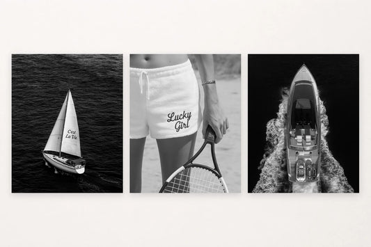 Three leisure prints show a sailboat, Lucky Girl shorts with a tennis racket, and a motorboat wake.