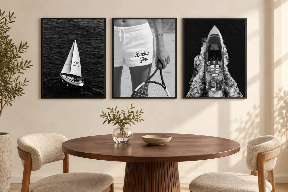 The three black-and-white leisure scenes arranged side by side; frames are not included.