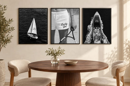 The three black-and-white leisure scenes arranged side by side; frames are not included.