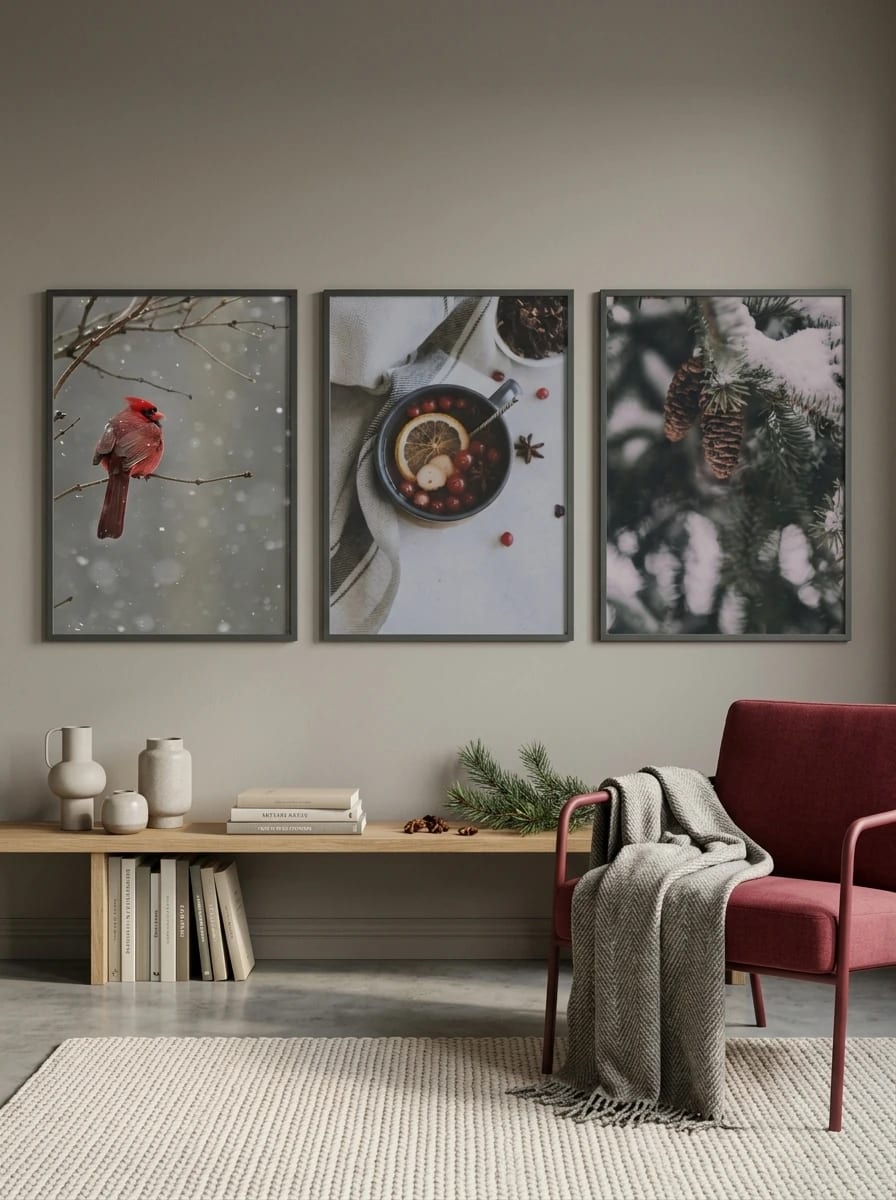 Three winter prints grouped above a light bench.