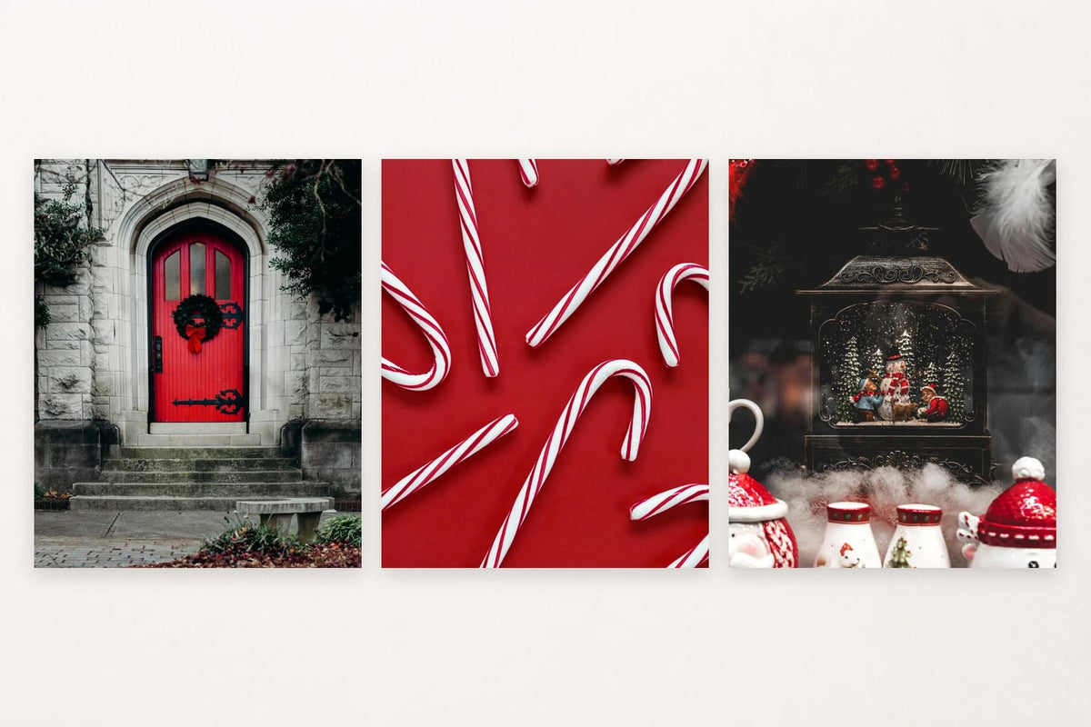 Wreath on a red door, striped candies, and a winter snow globe.