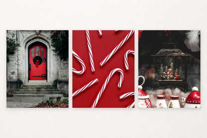 Wreath on a red door, striped candies, and a winter snow globe.
