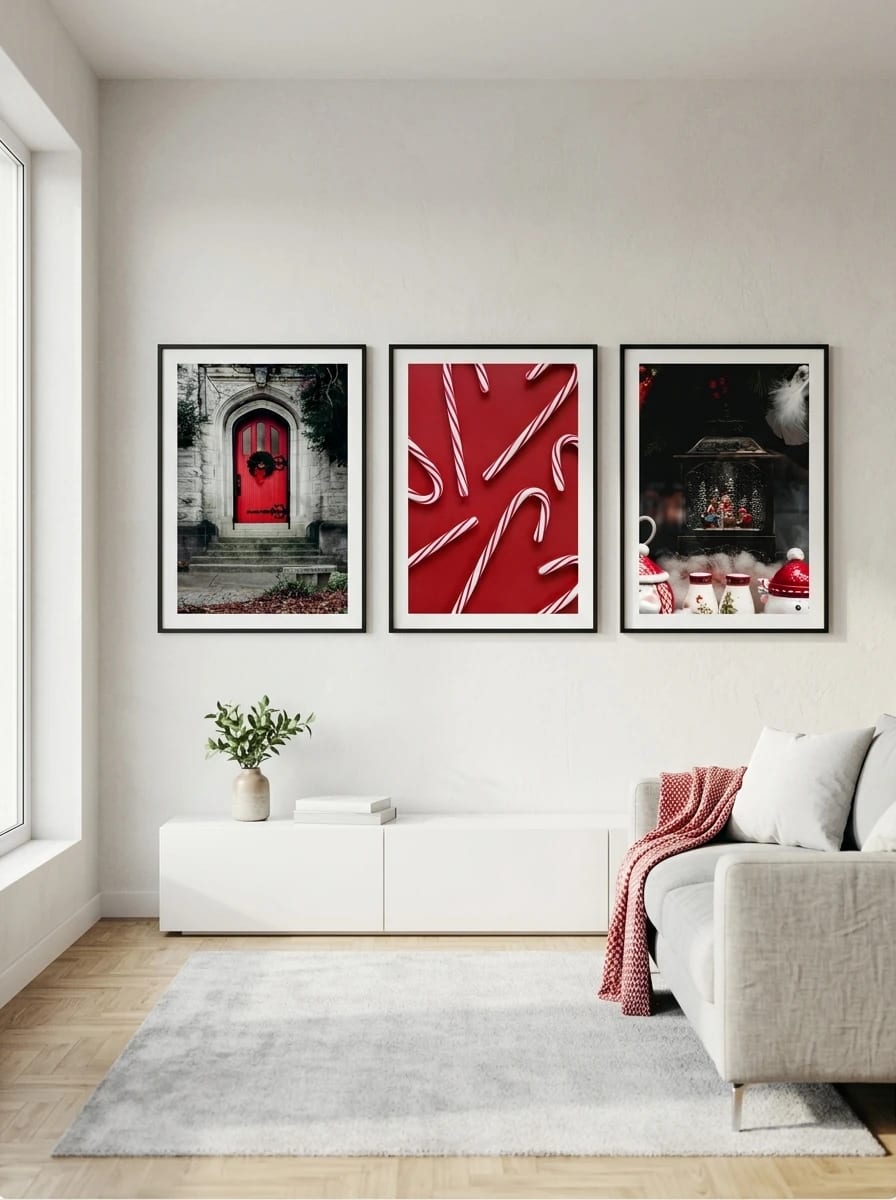 Three red and white winter prints above a pale sideboard.