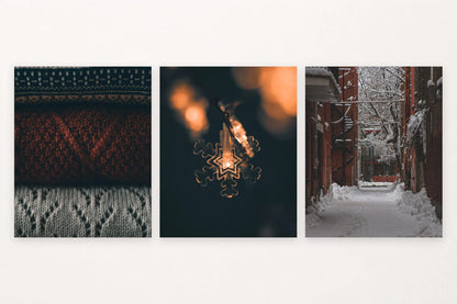 Knit-like pattern, bright snowflake, and snowy brick passage.