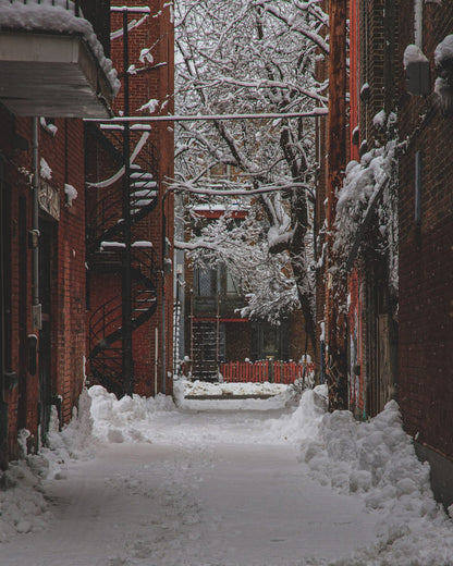 A snow-covered brick passage.