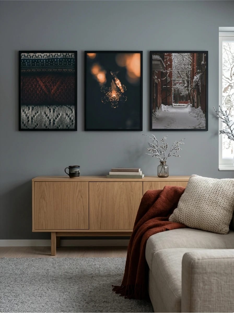 Three prints above a wooden dresser with a light sofa to the right.