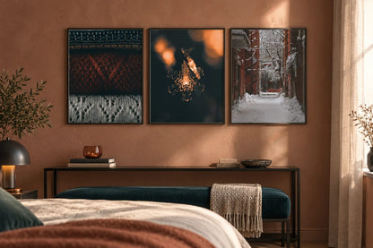 Pattern and snowflake prints on a terracotta wall.