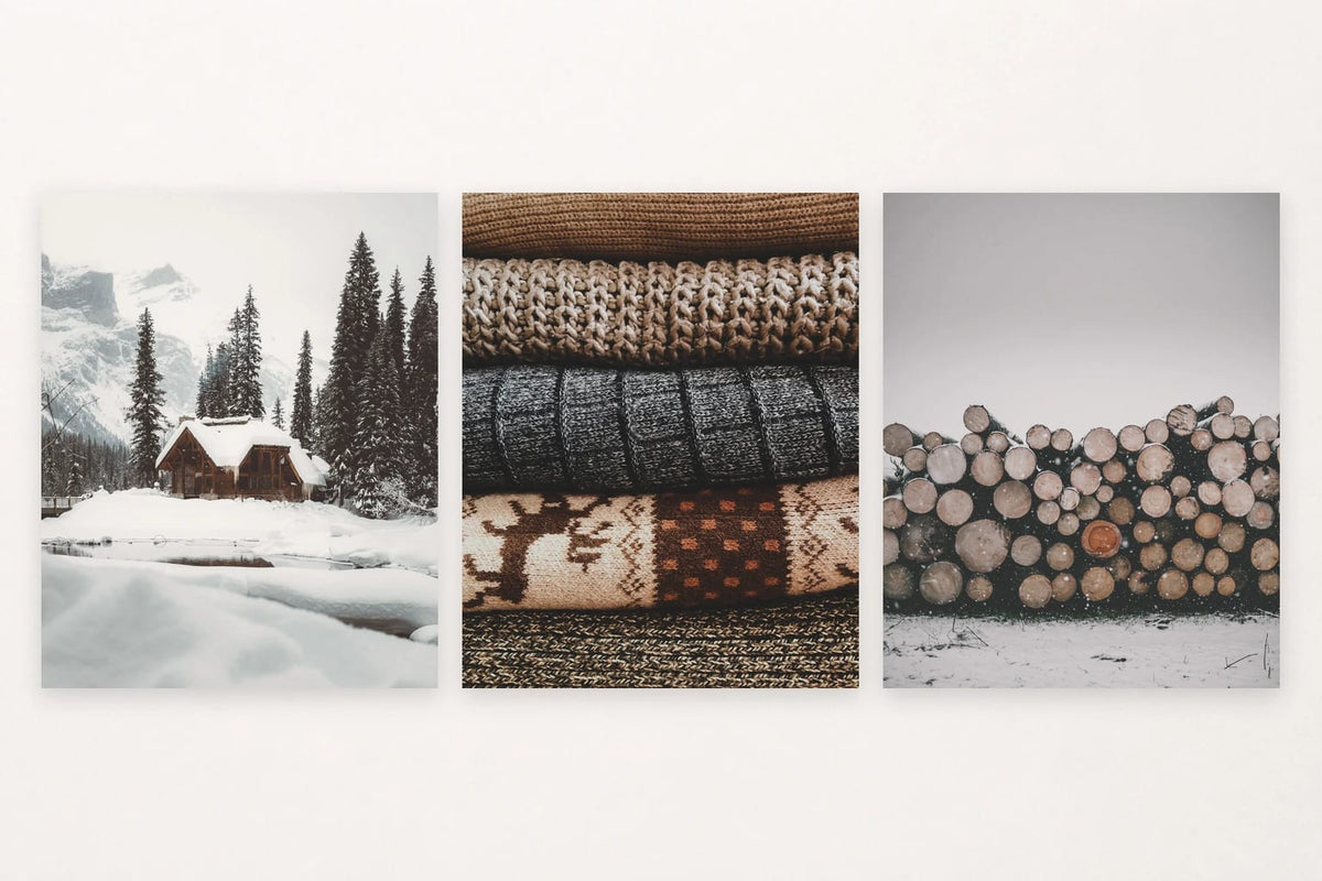 Snowy cabin, patterned blankets, and a woodpile under snow.
