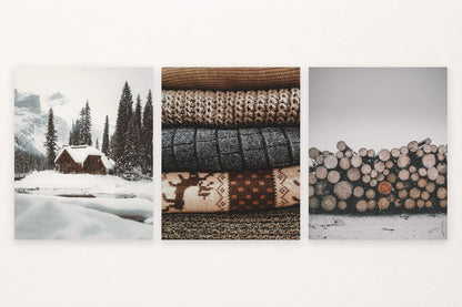 Snowy cabin, patterned blankets, and a woodpile under snow.