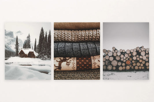 Snowy cabin, patterned blankets, and a woodpile under snow.