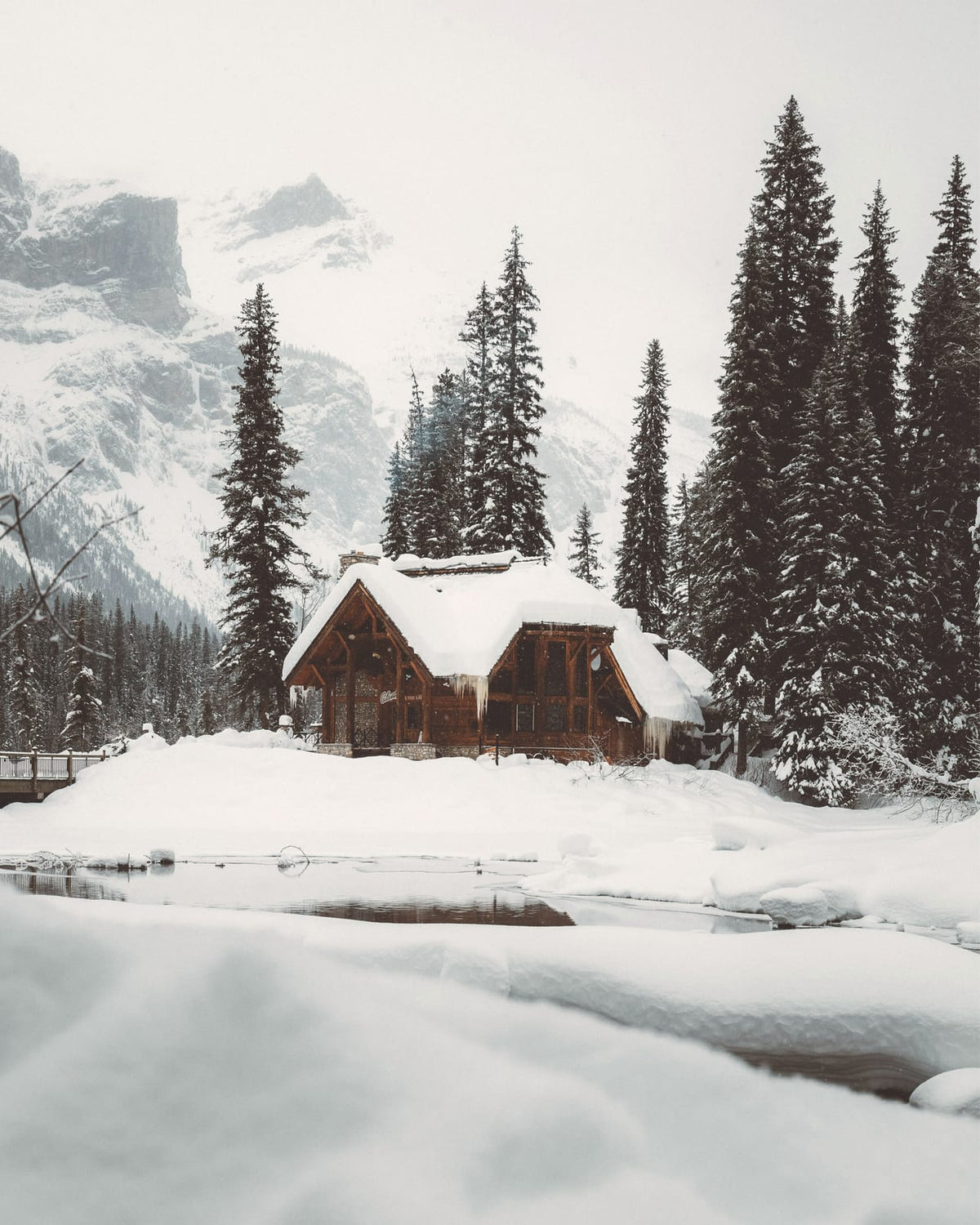A wooden cabin among snow and evergreen trees.