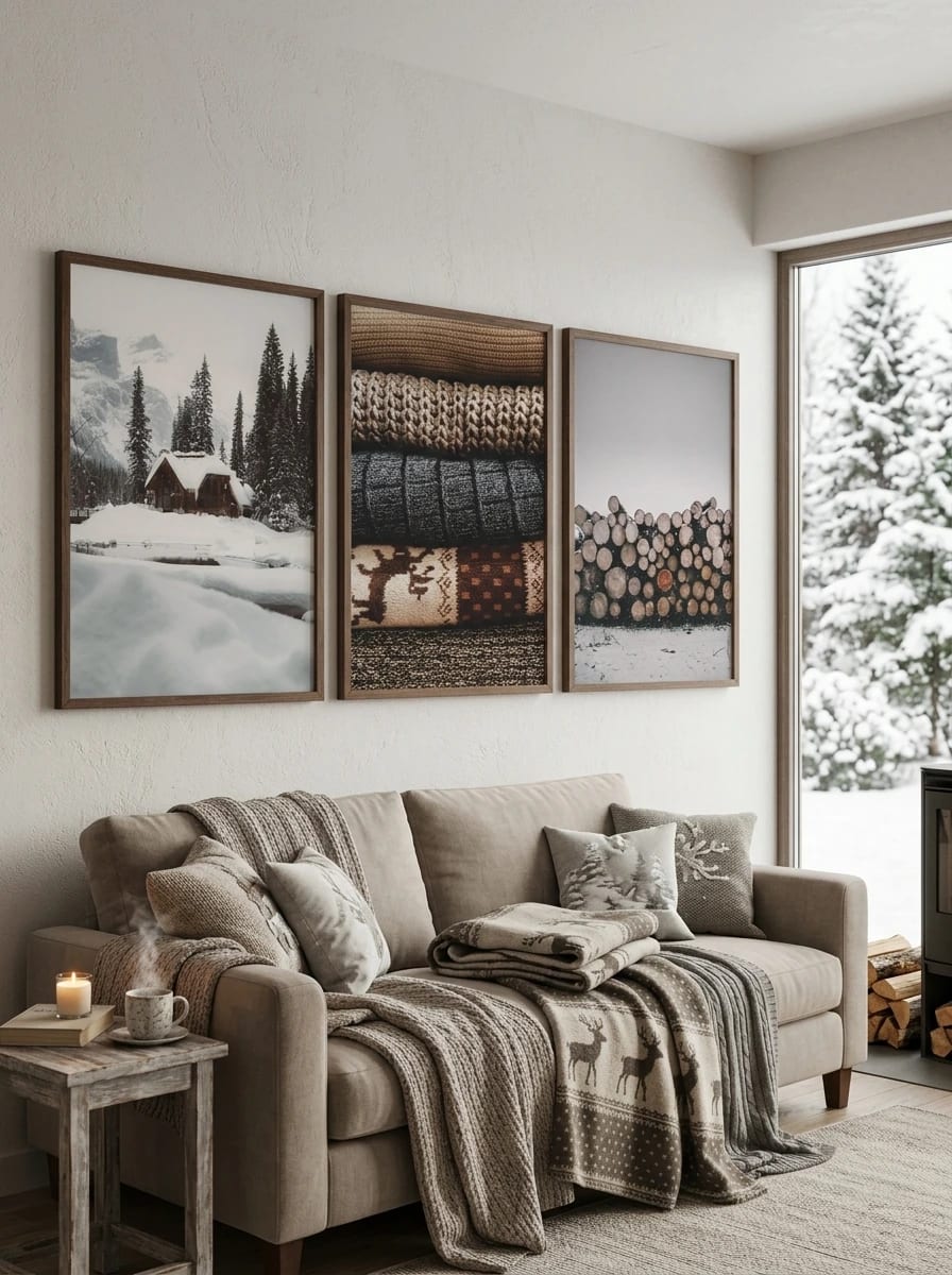 Three winter prints above a light sofa on a white wall.