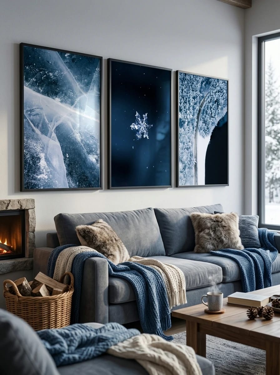 Three winter prints above a blue sofa on a light wall.