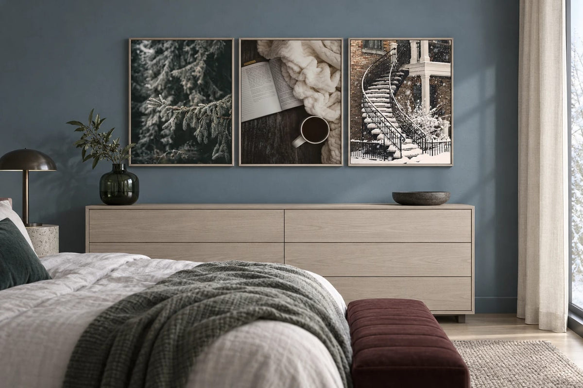 A winter sketch trio grouped on a light study wall.