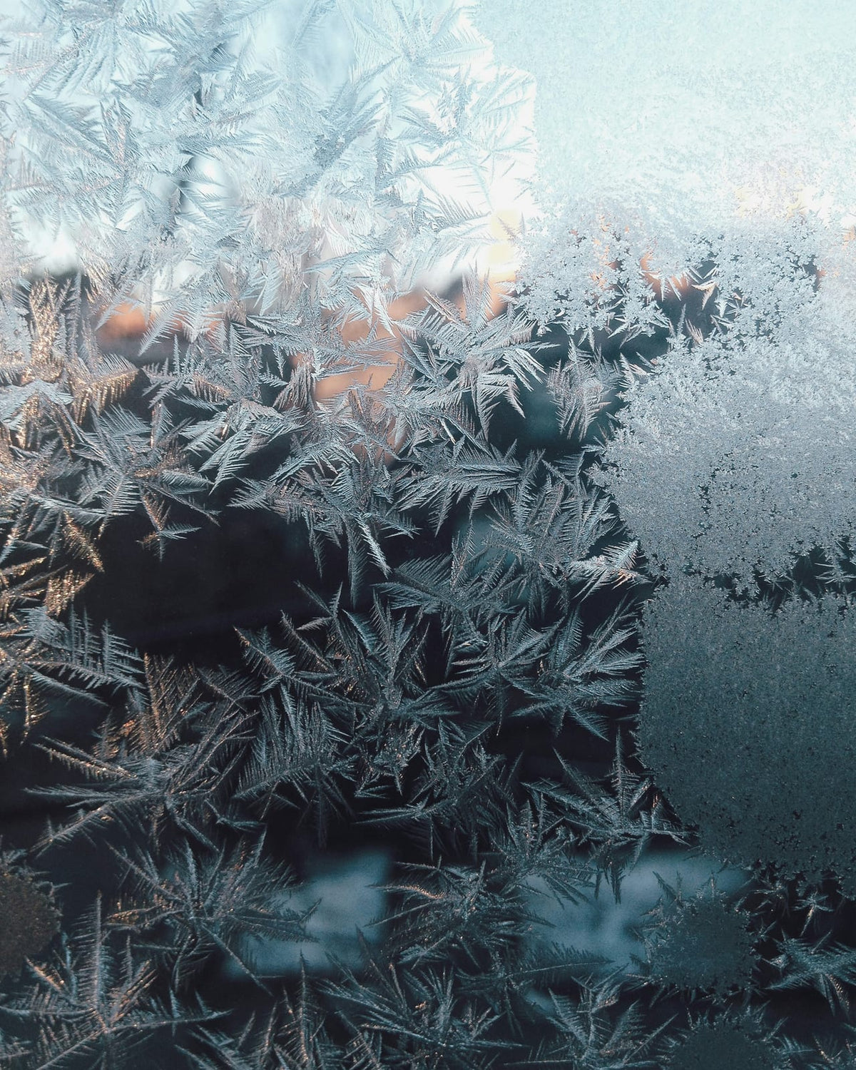 Frost patterns spread across a windowpane.