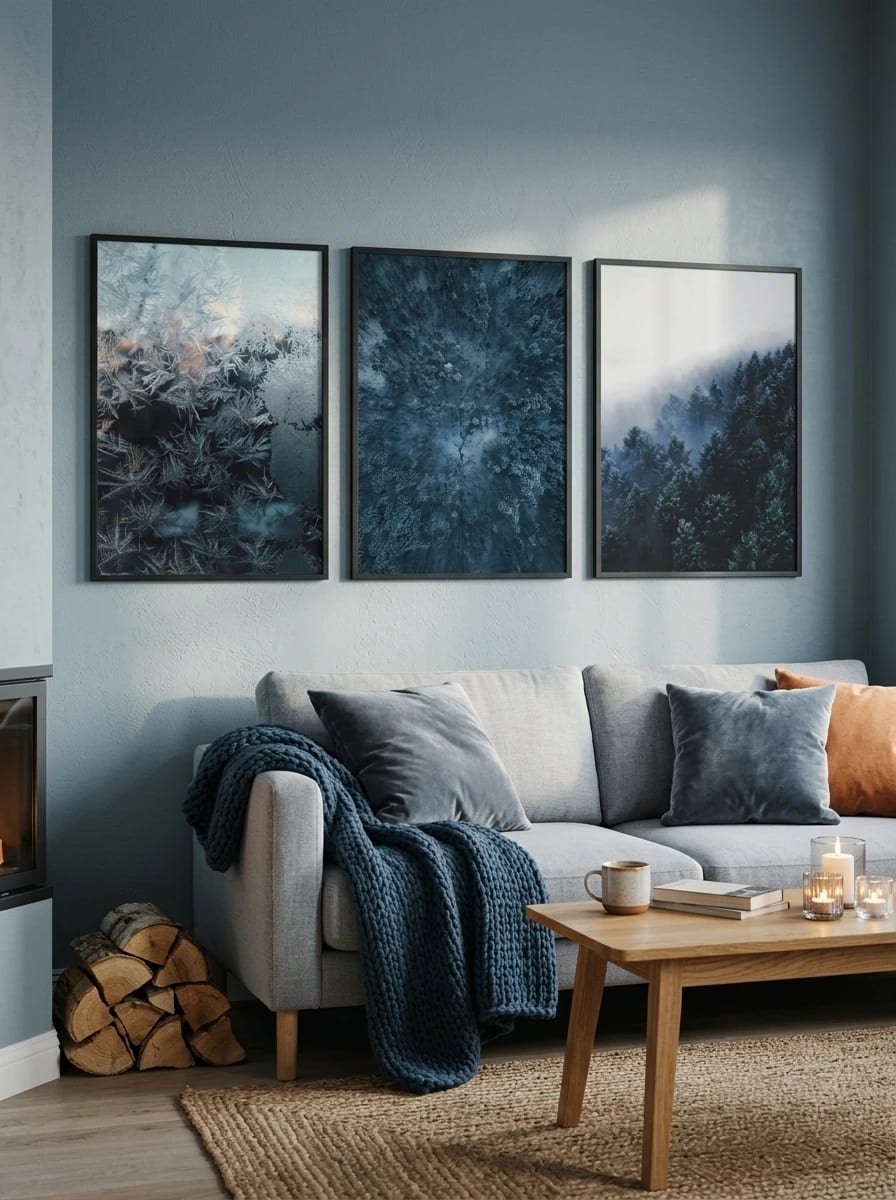 Three winter prints above a gray sofa on a blue wall.