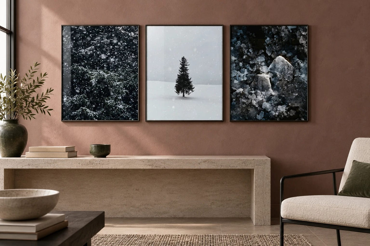 Snowy fir and ice prints above a stone console.