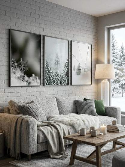 Three winter prints grouped above a gray sofa.