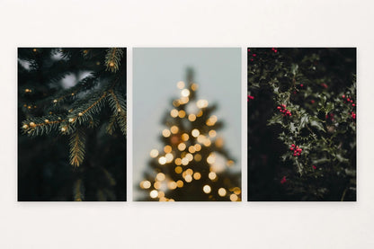 Evergreen with warm lights, glowing tree, and holly with red berries.