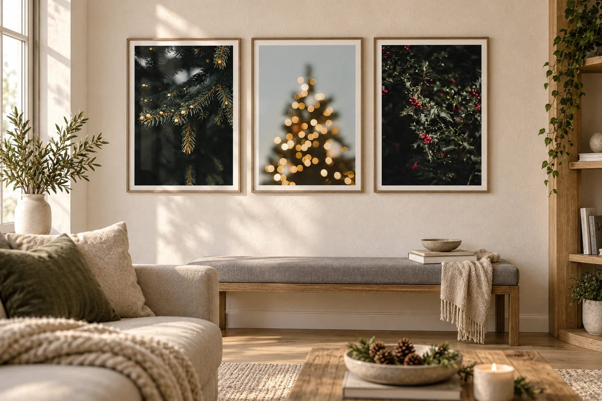 Three seasonal prints above a wood bench near a window.