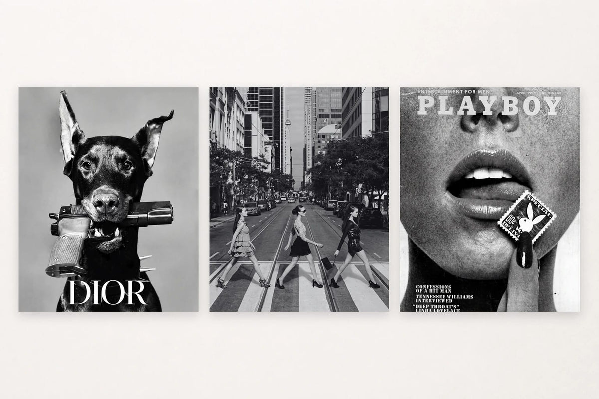 Three monochrome editorial scenes show a dog with DIOR lettering, women on a city street, and PLAYBOY text.