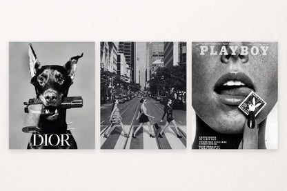 Three monochrome editorial scenes show a dog with DIOR lettering, women on a city street, and PLAYBOY text.