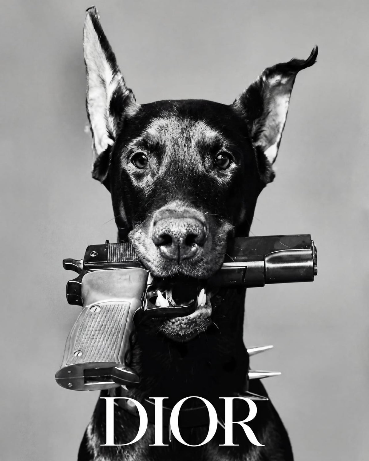 A dog holding a handgun with DIOR lettering below.