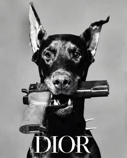 A dog holding a handgun with DIOR lettering below.