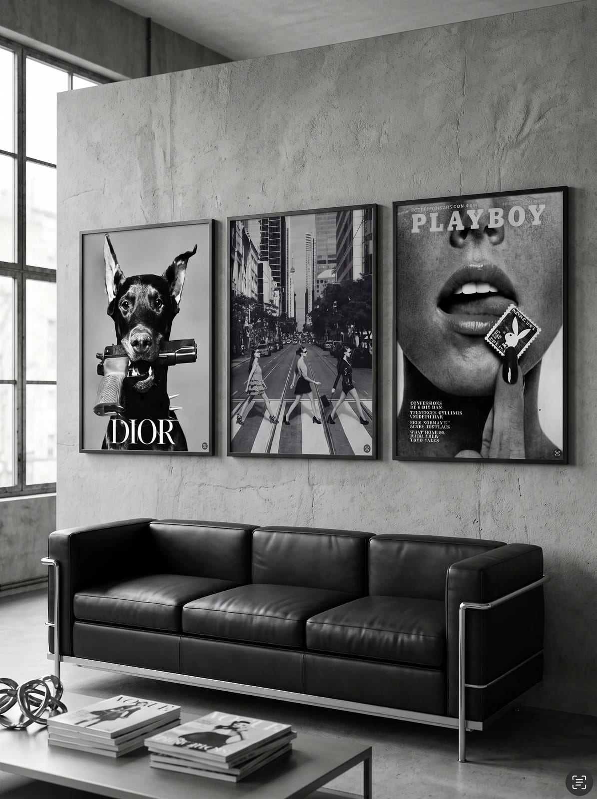 A dog, street scene, and magazine-cover style portrait shown together in a room; frames are not included.
