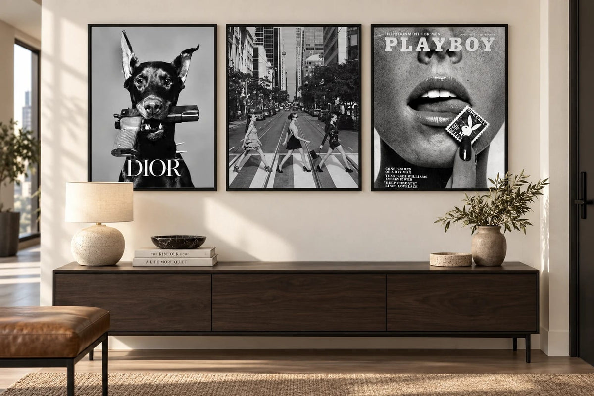 The three black-and-white fashion and editorial scenes grouped on a wall; frames are not included.